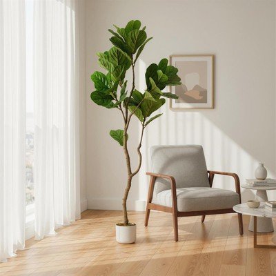 COZONY Artificial Fiddle Leaf Fig Tree, Lifelike Faux Indoor Plant with White Planter & Na