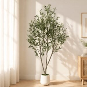 Romswi Faux Olive Tree with Oval White Planter, 7 FT Tall Faux Olive Trees, with Natural W