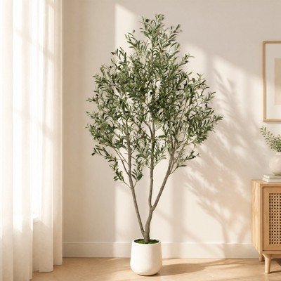 Romswi Faux Olive Tree with Oval White Planter, 7 FT Tall Faux Olive Trees, with Natural W