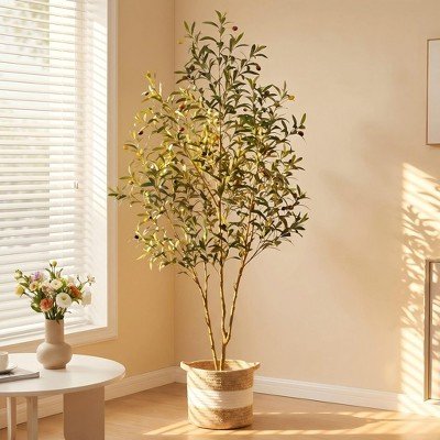 Artificial Olive Trees Indoor, 5FT Faux Olive Tree with White Tall Planter, Artificial Pla