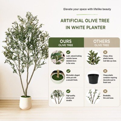 Romswi Faux Olive Tree with Oval White Planter, 7 FT Tall Faux Olive Trees, with Natural W