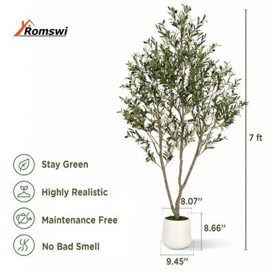 Romswi Faux Olive Tree with Oval White Planter, 7 FT Tall Faux Olive Trees, with Natural W